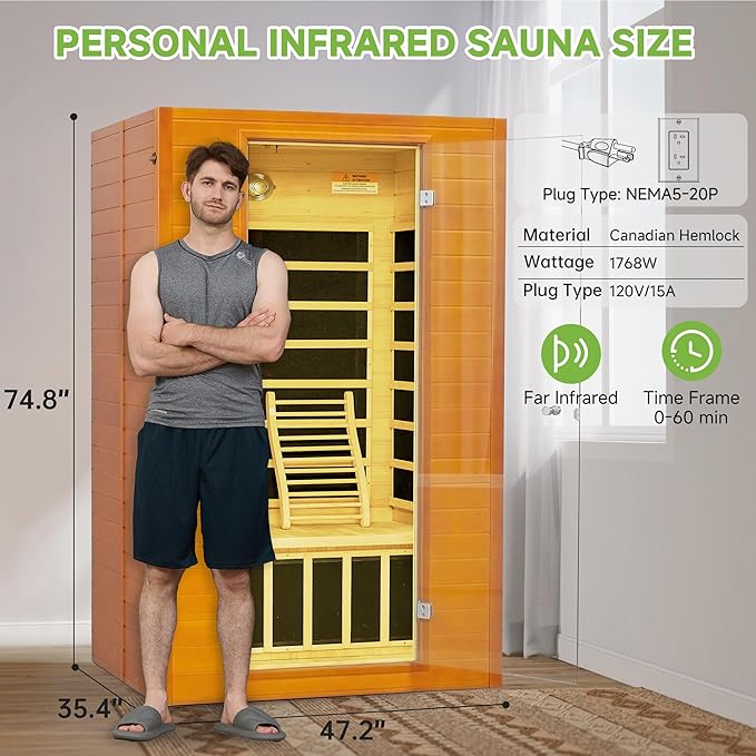 Real Relax Far Infrared Sauna for Home, 2 Person Indoor Home Sauna with Low Emf Red Light Therapy, Canadian Hemlock Wooden Dry Saunas Room with Bluetooth Speakers, 9-Color Chromotherapy Lights