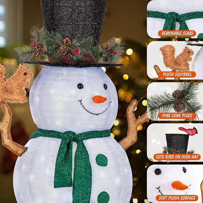 NALONE 6 FT Christmas Lighted Snowman with 200 LED Lights & Timer, Collapsible Snowman Christmas Decorations Outdoor Yard Home, Fluffy Snowman with Bird & Squirrel(6FT)