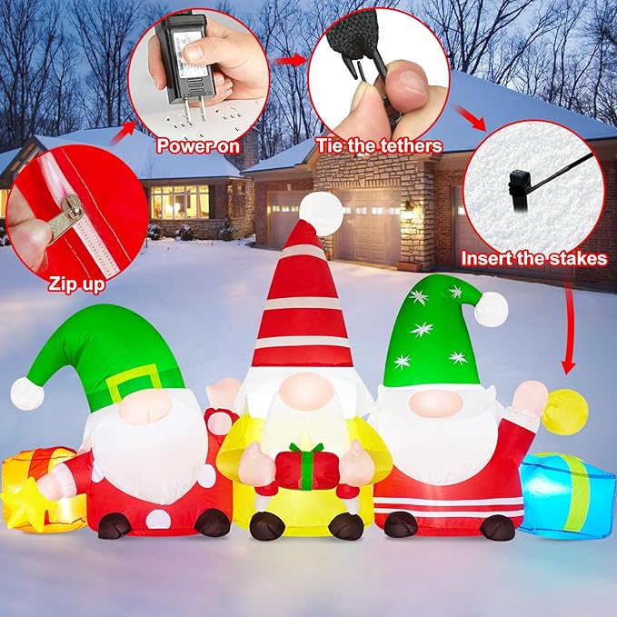 Danxilu 6 FT Christmas Inflatable 3 Gnomes Outdoor Decoration Blow Up Gnomes with Gift Boxes & Star Built-in LEDs Christmas Inflatable Yard Decorations for Outside Holiday Patio Garden Party