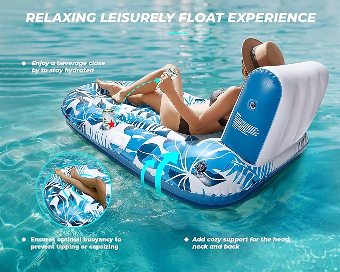 Pool Floats Adult 1-2-3 Person Inflatable Lounger, Extra Large Tanning Recliner Floaty Chair Raft with Backrest, Footrest, Cup Holder for Pool, Lake, River, Beach, Ocean & Party Use
