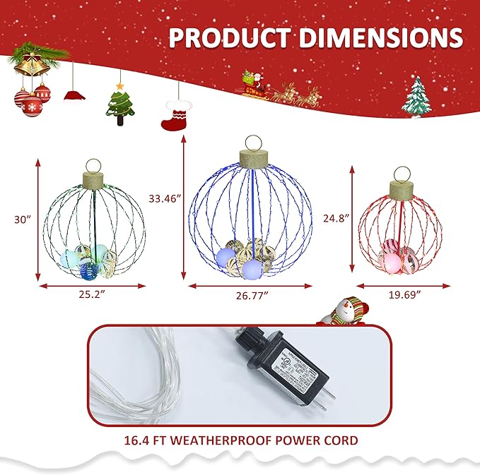 VEIKOU Set of 3 Lighted Christmas Ornaments, 3 Colors Outdoor Holiday Ball Decoration with 570 LED Lights, Christmas Decor with 20 Small Plastic Balls for Garden, Yard, Lawn