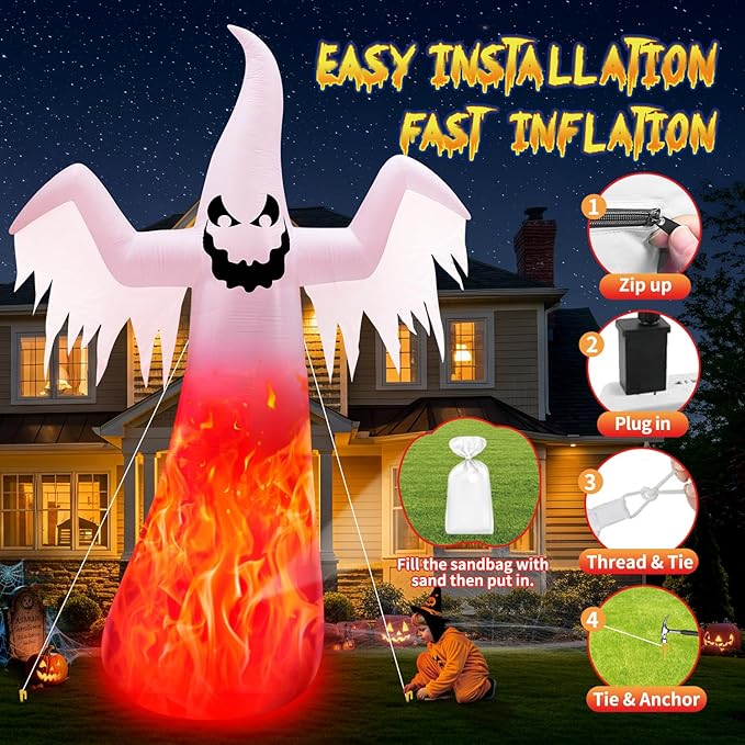 12FT Giant Halloween Inflatables Ghost Built-in 3-Color Changing Rotating Flame LEDs, Huge Halloween Decorations Outdoor Spooky Blow Up Yard Decoration Large Scary Blowups for Festival Lawn(1PCS)
