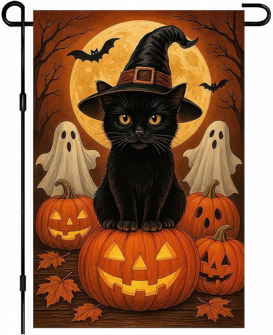 Garden Flags 12x18 Inch Halloween Black Cat Garden Flag Witch Hat Pumpkin Ghosts Double-Sided Spooky Fall Yard Decorations for Outdoor Porch Lawn Welcome Sign Holiday Banner