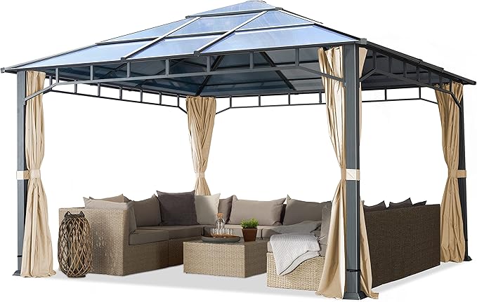 TOOLPORT Hardtop Gazebo 13x13 ft with Aluminum Frame and Approx. 8 mm Polycarbonate Roof - Side Panels in Champagne