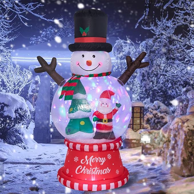8 FT Height Christmas Inflatables Snowman Globe with Christmas Tree and Santa Claus Outdoor Decorations, Inflatables Snowman Globe Blow up with Built-in LED Lights for Party Lawn Outdoor Yard