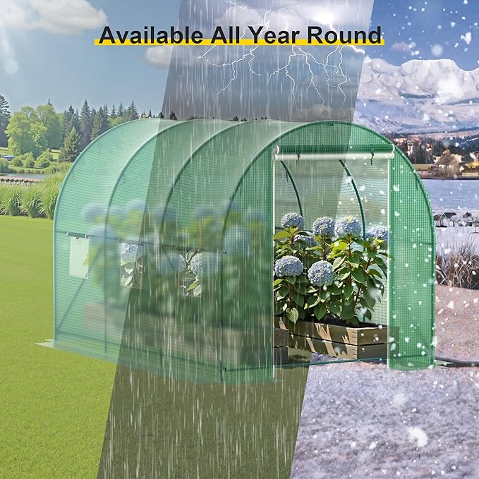 Greenhouse, 10’x7’x7’ Walk-in Greenhouse Heavy Duty Tunnel Green House with 6 Ventilated Mesh Windows & Zippered Roll-up Door, Large Plant Garden Hot House Outdoor with Reinforced Frame