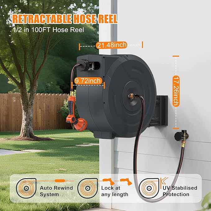 NEOTEC Retractable Garden Hose Reel 1/2 inch x 100ft - Wall Mounted Heavy Duty Hose Reel with 3/4 Inch Brass Fittings & 9-Pattern Nozzle - Auto Rewind System, Any Length Lock, 180° Swivel Bracket