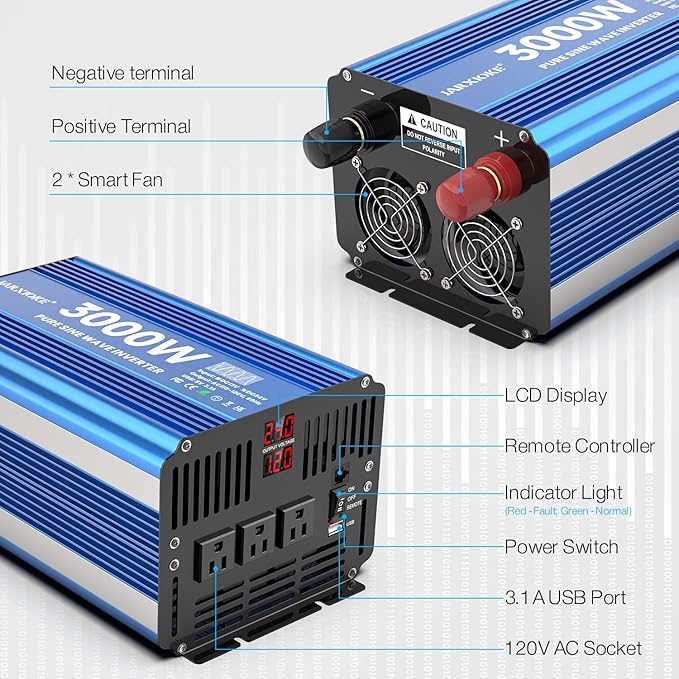 3000 Watt Pure Sine Wave Power Inverter 24V DC to 110V 120V Converter for Home, RV and Off-Grid Solar Systems with 3 AC Outlets, Dual USB Ports, LCD Display and Remote Control