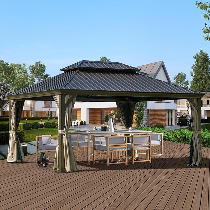 Domi 12'x16' Hardtop Gazebo with Gutters, Outdoor Aluminum Frame Canopy with Galvanized Steel Double Roof, Outdoor Permanent Metal Pavilion with Curtains and Netting