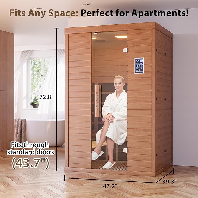 Polar Aurora 2- Person Infrared Sauna, Remotely Controllable Indoor Sauna, Low EMF 1500W/120V LCD Heater, WiFi & BT Control, 9-Color Light Therapy, Safe Flame-Retardant Material, Wood
