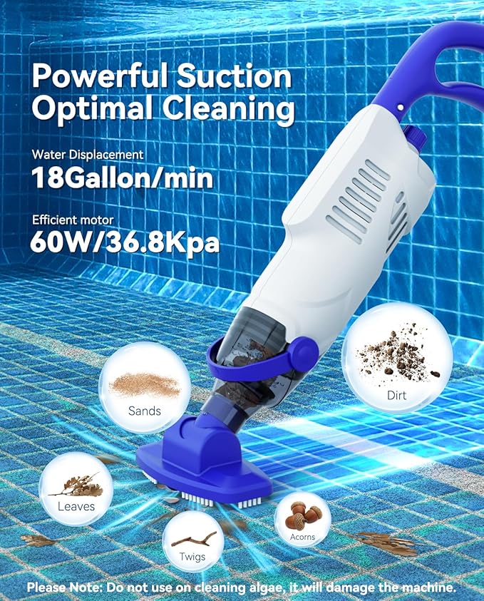 Cordless Pool Vacuum for Above Ground Pool, 60W Rechargeable Handheld Pool Vacuum Cleaner with Pole & 18GPM Suction, Spa Vacuum for Hot Tub, Above Ground/Inground Pools