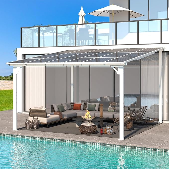 AECOJOY 12' x 12' Gazebo in White, Large Outdoor Wall Mounted Gazebos on Clearance, Patio Lean to Gazebo Metal Awnings for Decks,Patio, Porch, Backyard and More