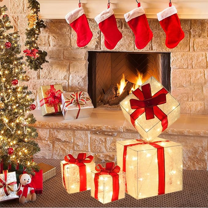 Set of 4 Christmas Lighted Gift Boxes, 3.3FT 70 LED Stackable Light Up Present Boxes for Christmas Decorations Indoor Outdoor Yard Lawn Porch Home Decor(4 Piece Set)