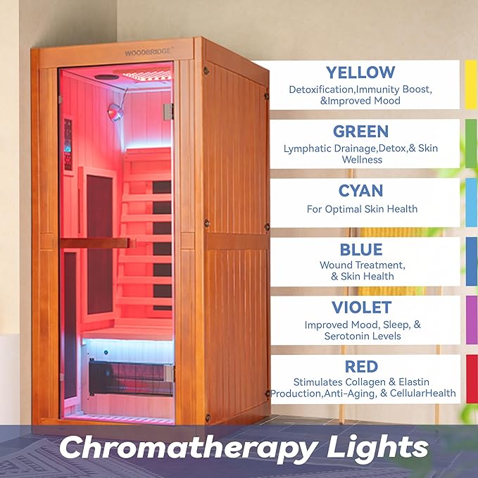 Woodbridge Infrared Home Sauna Room 1 Person Hemlock Wooden Indoor Sauna with 7 Carbon Heaters, Red Light Therapy, Bluetooth Speaker, Intelligent Control Panel, Tempered Glass & Top Vent