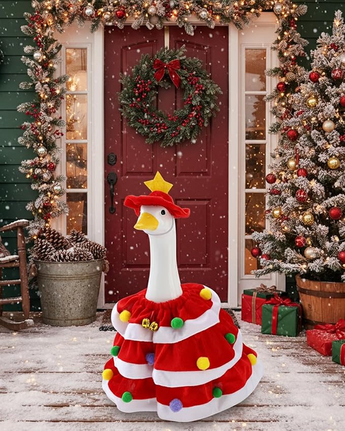 Christmas Porch Goose Outfits with Bells, 2 Pcs/Set Lawn Cement Goose Clothes, 23" Patio Yard Garden Geese Costume Decoration, Red