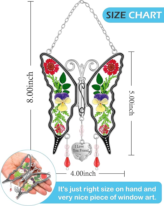 KY&BOSAM Butterfly Suncatcher I Love You Friend Gift Stain Glass Sun Catcher for Window Hanging Wind Chime with Pressed Flower Wings in Glass and Heart Charm Birthday Gift for Mother`s Day Christmas