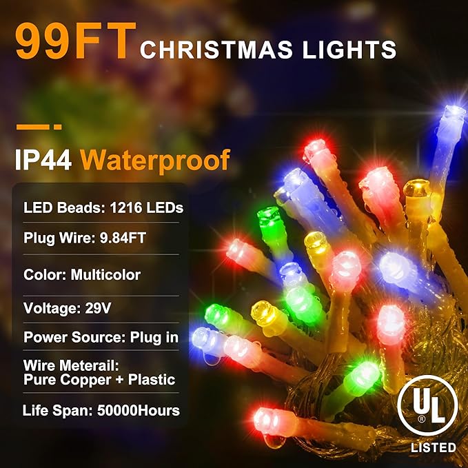 KNONEW 99ft 1216 LED Christmas Lights Outdoor 8 Modes Curtain Fairy String Light with 228 Drops, Clear Wire LED String Light Decor for Wedding Party Christmas Decorations(Multicolor)