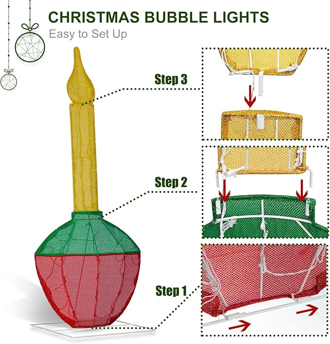 Christmas Bubble Light 48’’H Pre-Lit with 60 Warm White LED Lights, Battery Operated with Timer, Twinkling and Flowing, Traditional Decoration