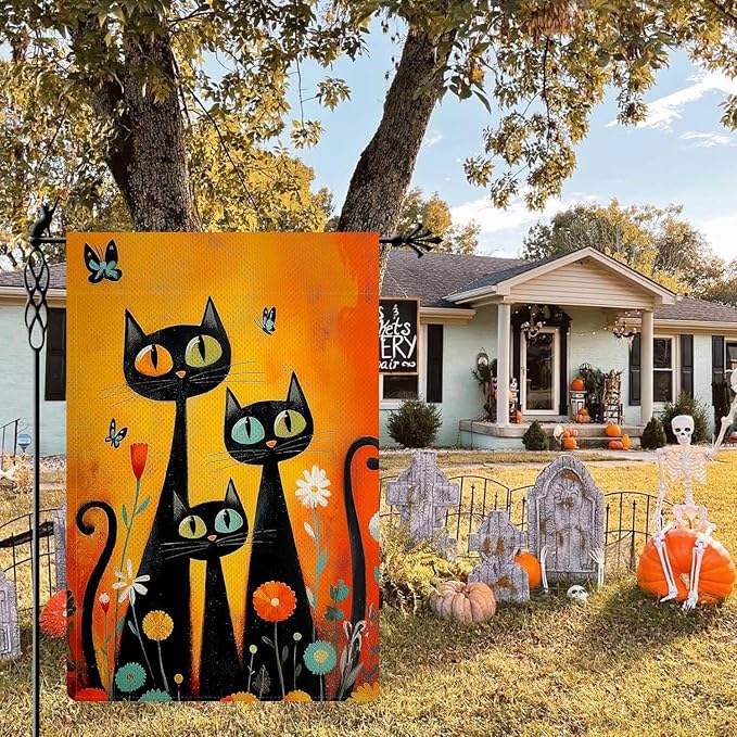 Black Cat Garden Flag Halloween Garden Flag Seasonal Vertical Double Sided Rustic Farmland Burlap Yard Lawn Outdoor Decor 12.5x18"