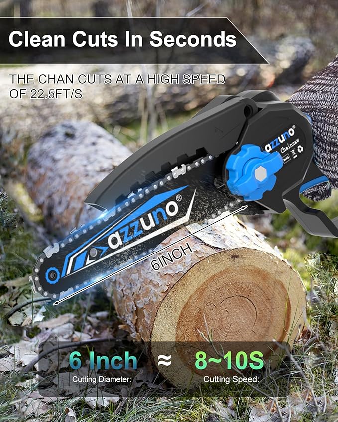 AZZUNO Mini Chainsaw, 6-Inch Electric Portable Chainsaw Cordless, Small Handheld Chain Saw with 2 Rechargeable Batteries & 2 Chains for Wood Cutting Tree Trimming DIY Projects Gardening Camping