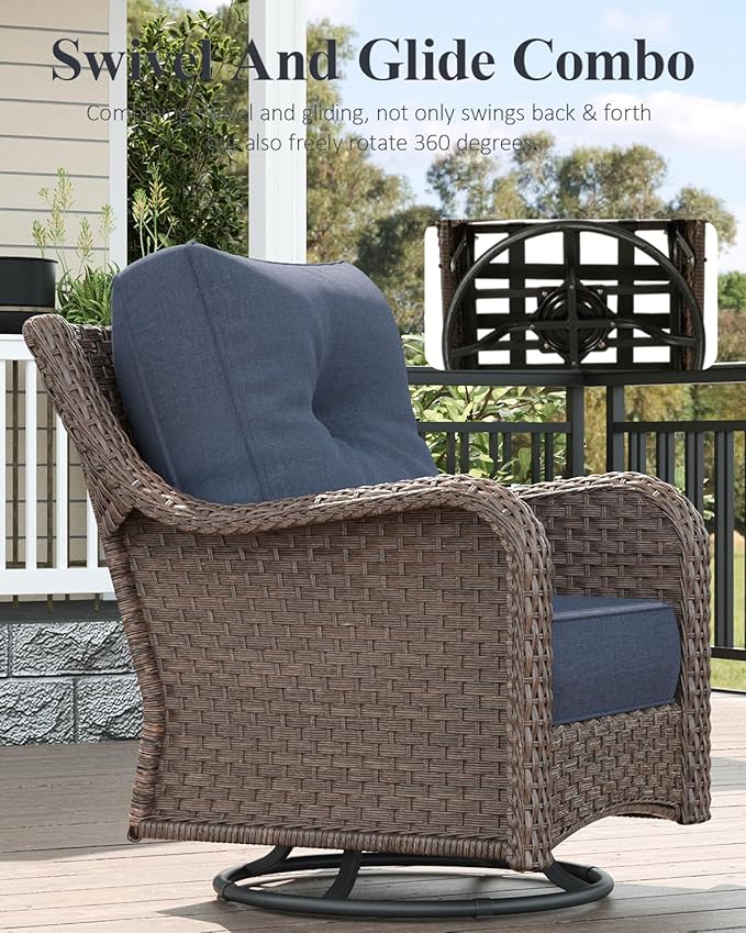 LayinSun 6 Piece Wicker Outdoor Furniture Set with 6-inch Comfy Cushions, High Back Patio Furniture Set with Swivel Rocking Chairs and Side Table