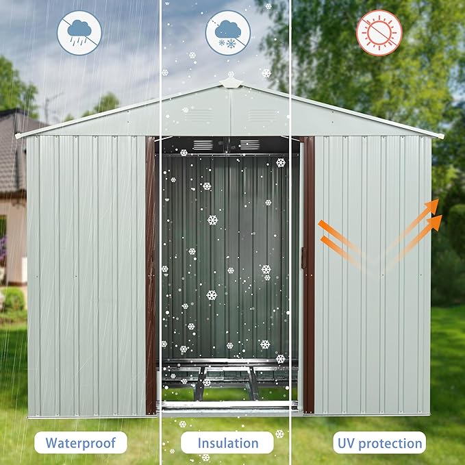 8 x 4 FT Outdoor Storage Shed, Metal Garden Shed with Floor Frame, Tool Shed Outdoor Storage with Lockable Sliding Doors & Window & Air Vents, Storage House Waterproof for Backyard, Lawn, White