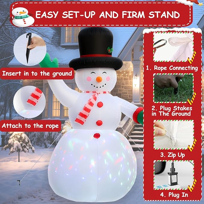 8FT Blow-Up Snowman Happiness Waves at You, Large Inflatable Christmas Outdoor Decor IP44, Blow up Snowman with Built-in 2 LEDs ＆ Colorful Flashing Light,Inflatable Snowman for Yard/Party/Xmas Gift