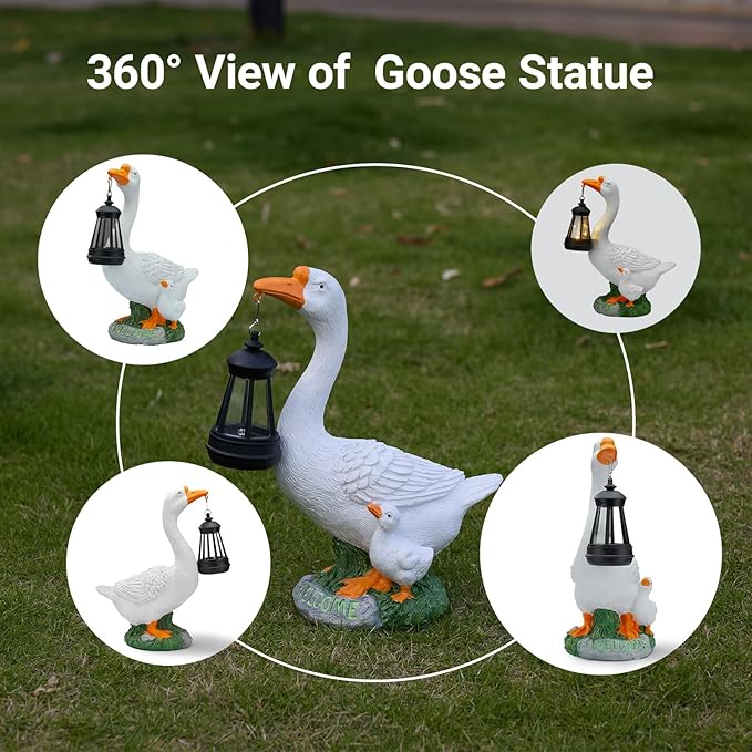 Solar Porch Goose Statue, Outdoor Goose Decor with Lantern for Yard Lawn Patio Balcony, Birthday Christmas Housewarming Gifts for Mom, Grandma, Women,12 Inch,Resin