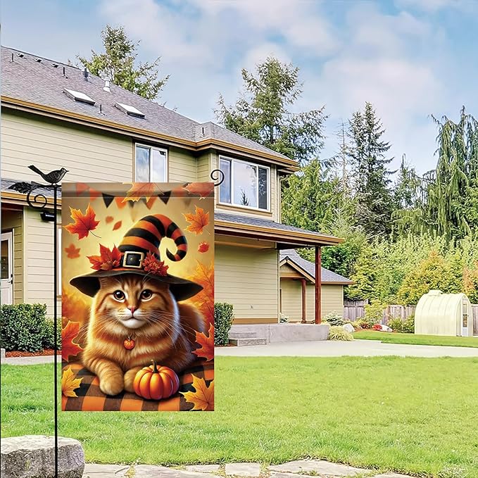 Halloween Fall Garden Flag Orange Cat with Pumpkin Hat Flag 12x18 Inch Double-Sided Autumn Witch Hat Plaid Blanket Yard Banner for Porch Lawn Outdoor Decor Thanksgiving Cat Lovers