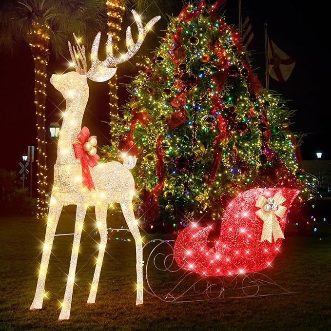 54”Christmas Deer Sleigh Set Outdoor Indoor Decoration 3D Lighted Reindeer Red Sleigh Holiday Display Christmas Tree Decorations Lighted up Santa Sleigh Porch/Lawn/Yard/Garden Addition