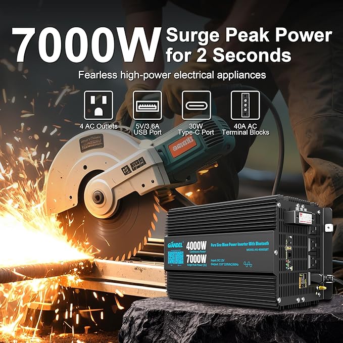 GIANDEL 4000W Pure Sine Wave Power Inverter 12V to 120V AC,7000W Surge,Compatible with All 12V Batteries,Bluetooth Control,30FT Wired Remote,FCC Approved for RV Campers Off-Grid Solar Systems