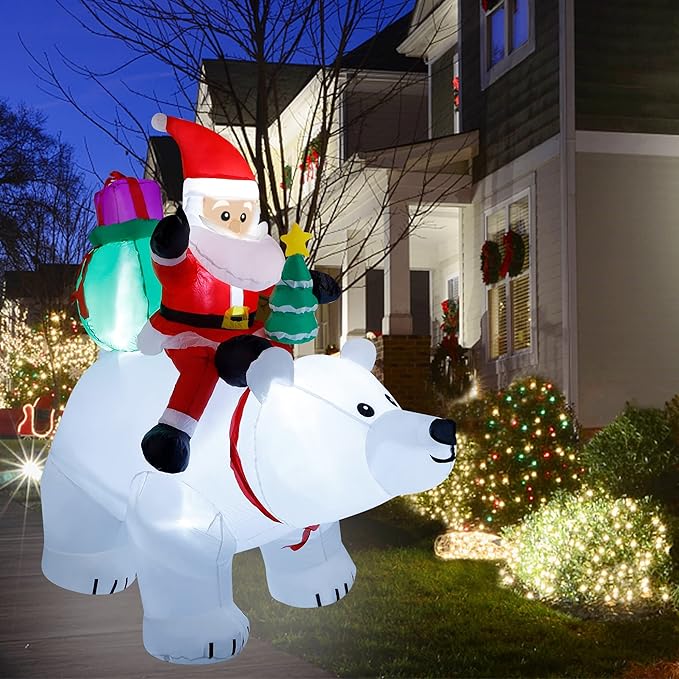 DR.DUDU 6 Ft Christmas Inflatable Santa Claus with Polar Bear and Christmas Tree, Build-in LED Lights Blow up Xmas Inflatables Decoration for Yard Garden Lawn Holiday Party