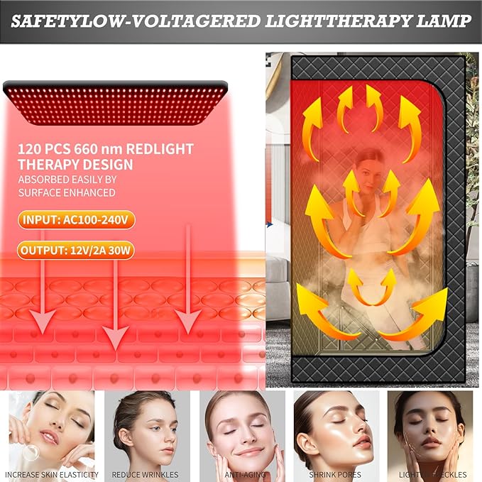 Full Size Portable Infrared Home Sauna, Upgraded Personal Sauna Box with 660nm Red Light Therapy Lamp, Separate Heating Foot Pad and Portable Chair for Relaxation Detox