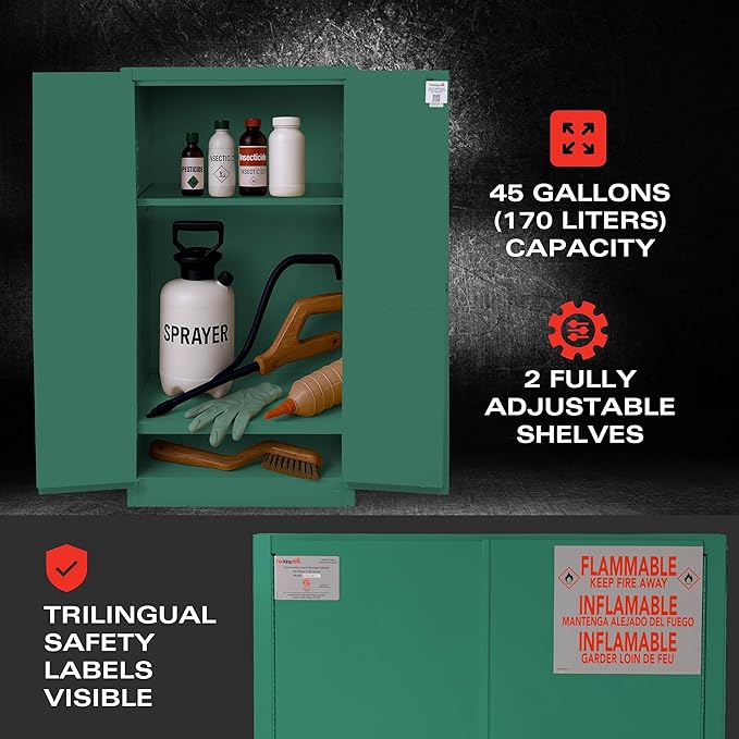 FireKing Green Flammable Safety Cabinet, Pesticides Flammable Storage Cabinet, 45 Gallon Steel Safety Cabinets with Manual Door for Commercial, Industrial & Home Use, 43" x 18" x 65"