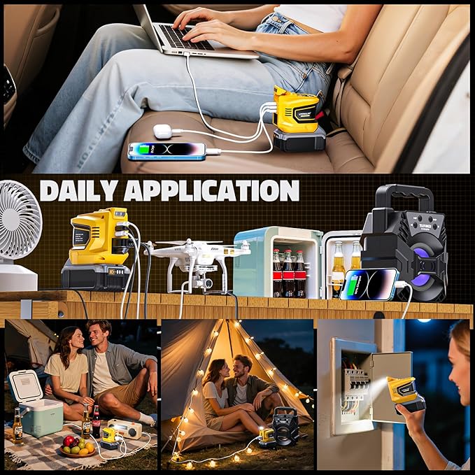 2PCS Real 200W Power Inverter for DeWalt, LIVOWALNY DC 20V to AC 110-120V Battery Inverter, Portable Battery Adapter Phone Charger Converter 2 USB & 1 Type-C & 1 AC for Camping Essentials (Tool Only)
