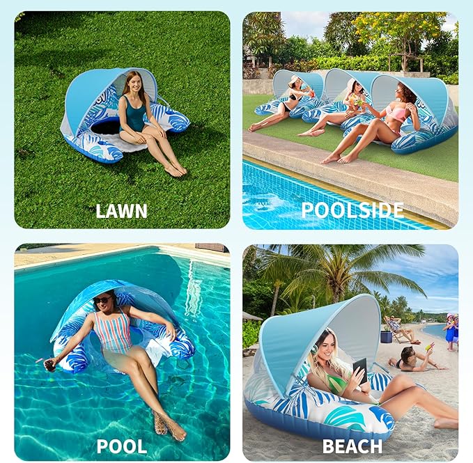 Pool Float for Adults with Canopy, XL Inflatable Chair Lounge Floaties with Adjustable Sun Shade Cover, Drink Holder, Ergonomic Headrest