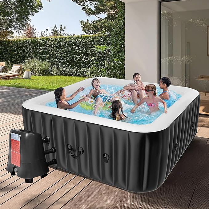 LILYPELLE 4-6 Person Inflatable Hot Tub, Square Portable Hot Tub with 130 Bubble Jets, Large Outdoor Spa Bathtub Set with Heater Pump, Filter and Insulated Cover, 73" X 73" X 25"