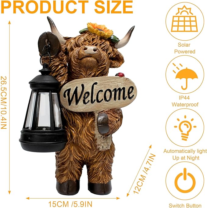 Solar Highland Cow Outdoor Statue with Latern for Garden, Outside Yard Lawn Decor Highland Cow Figurine Porch Patio Balcony Home, Birthday Gifts for Mom Women