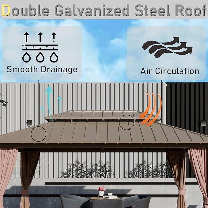 12'x16' Hardtop Gazebo, Outdoor Aluminum Frame Galvanized Steel Double Roof Pavilion with Netting and Shaded Curtains, Permanent Metal Pergolas for Patio, Backyard, Deck and Lawns.