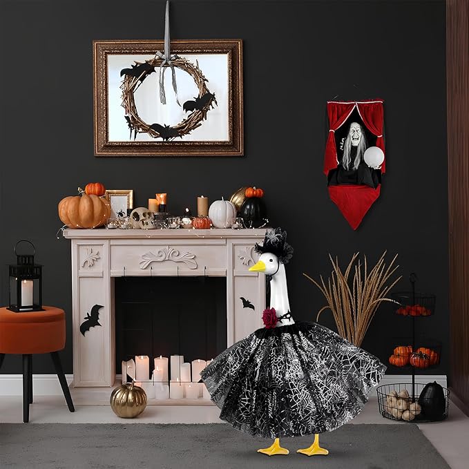 Halloween Porch Goose Outfits and Goose Clothes Fits 23" Plastic Cement Statues, Black Goose Outfit Costume with Rose Necklace for Outdoor Patio Yard Lawn Party