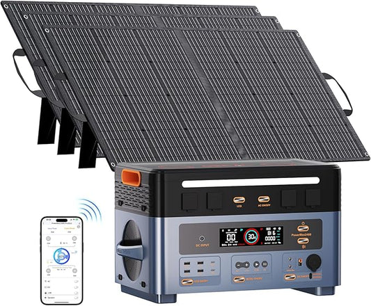 OSCAL 2400W Solar Power Station with 3x100W Solar Panels PowerMax 2400, 1872Wh Battery Generator with 4 AC Outlets (5000W Peak), 1.45H Full Charging, APP Control Battery Backup for Home, RV