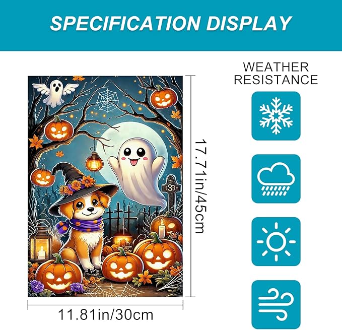 Halloween Horror Garden Flag 12x18 Inch Cute Ghost Dog Witch Hat Pumpkin Lantern Flag Spooky Outdoor Yard Decor House Banner Porch Lawn Patio Home Decoration