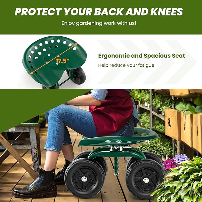 Rolling Garden Seat, Garden Cart with 360° Swivel Work Seat & Adjustable Height, Heavy Duty Garden Seat with Wheels for Lawn Yard Patio Greenhouse Planting Cleaning (Green)