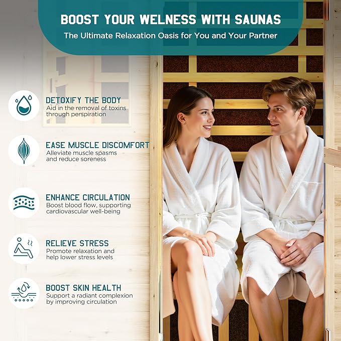 Albott Outdoor Sauna 3 Person, Infrared Saunas for Home, Low EMF 2645W/240V Spruce Wood Dry Sauna with Tourmaline Stone Foot Warmer, 7-Color Light Therapy & 2 Bluetooth Speakers, 60.2"x43.3"x98.4"