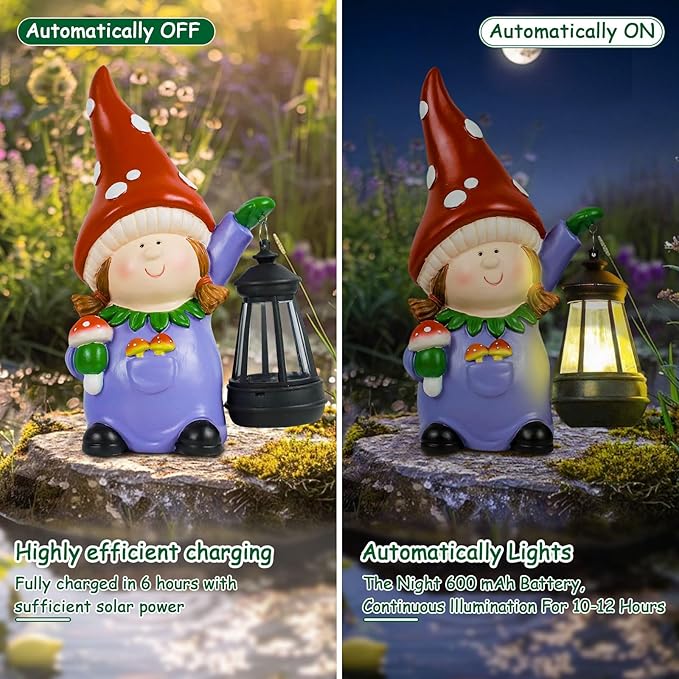 Gnome Statue Garden Ornaments Art Outdoor Decoration with Solar Powered LED Lights Decor for Patio,Balcony,Yard, Mum Birthday Gifts, Garden Gifts for Women