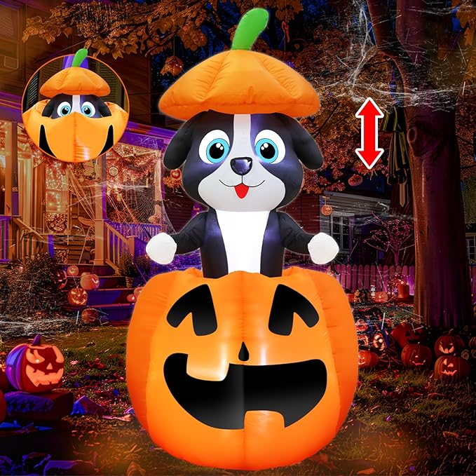 5 FT Halloween Inflatables Animated Dog On Pumpkin Outdoor Decorations Blow Up Yard with Built-in LEDs, Halloween Blow Up Outdoor Decor for Indoor Party Outdoor Garden Lawn