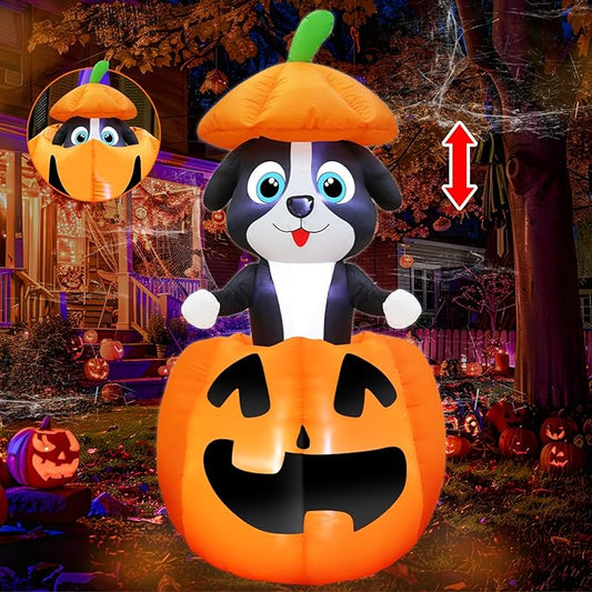 5 FT Halloween Inflatables Animated Dog On Pumpkin Outdoor Decorations Blow Up Yard with Built-in LEDs, Halloween Blow Up Outdoor Decor for Indoor Party Outdoor Garden Lawn