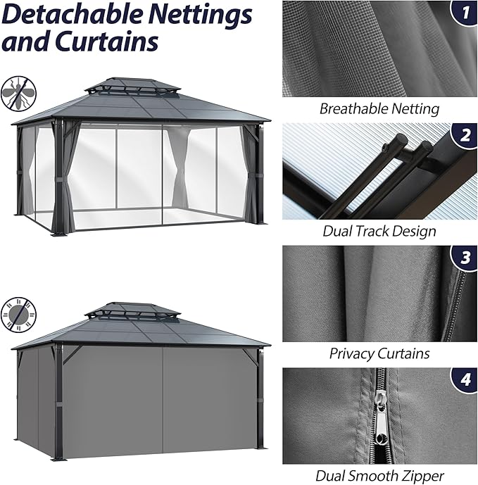 12' x 14' Hardtop Gazebo, Outdoor Polycarbonate Double Roof Gazebo with Metal Frame Permanent Pavilion with Netting& Curtains for Garden, Patio