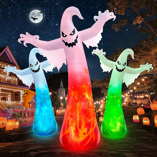 12FT Giant Halloween Inflatables Ghost with 3-Colored Flame Rotation LED Lights, Huge Spooky Halloween Decoration Outdoor Large Halloween Blow Up Yard Decorations Tall Blow-ups for Lawn Party (1PCS)