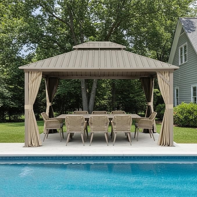 PURPLE LEAF 12' x 14' Outdoor Hardtop Gazebo with 9 Pieces Outdoor Dining Set, Champagne Aluminum Gazebo with Galvanized Steel Double Roof, Curtains and Netting for Patio Lawn and Garden